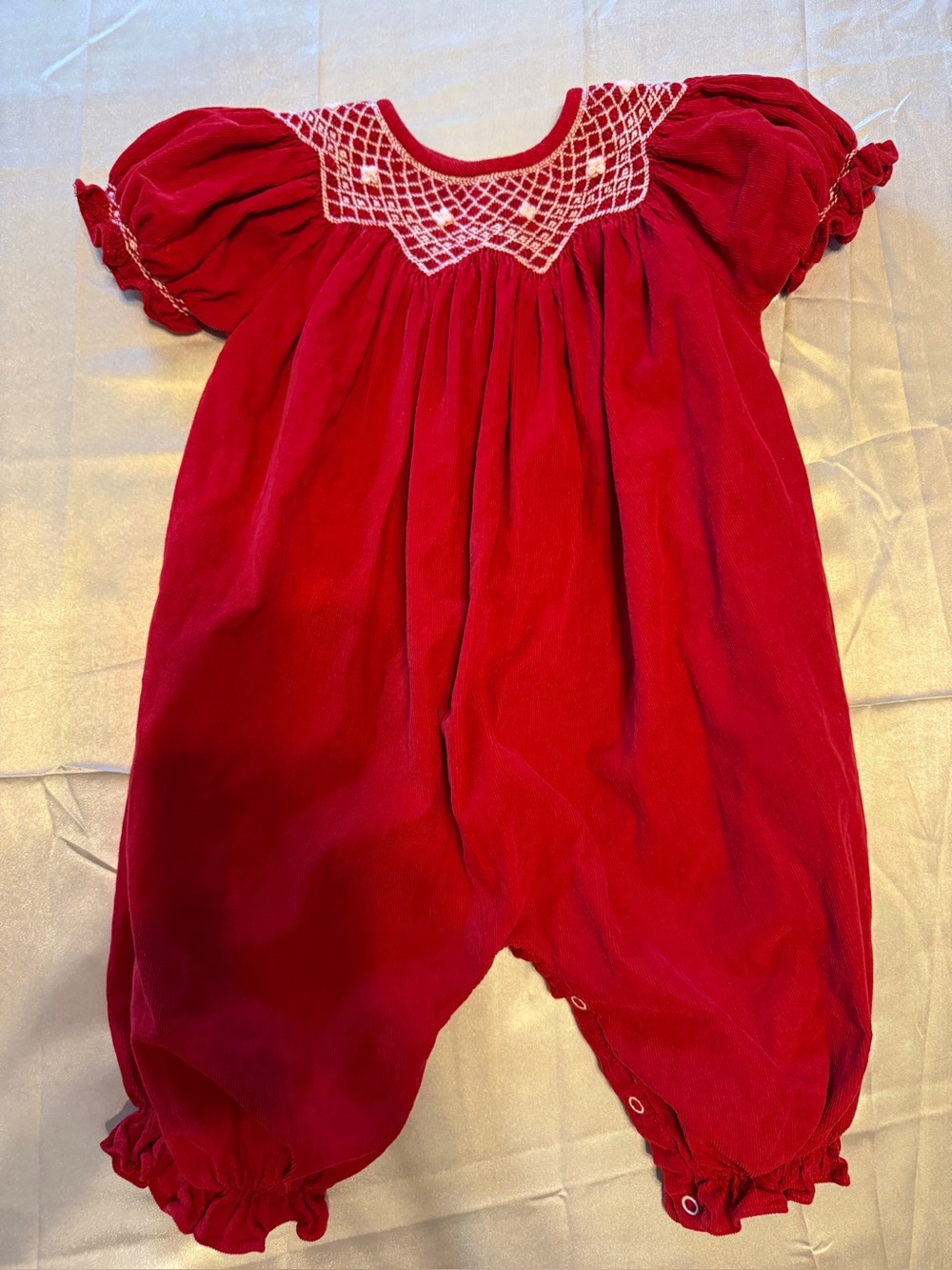 Smockingbird Girls Red Corduroy with White Smocked Baby Romper Size 18M